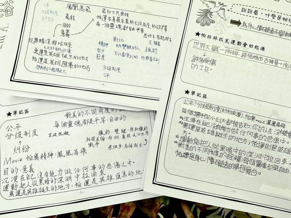 做筆記也是要練習的，掌握重點和賞心悅目的美感，感受到孩子們的努力和決心，往前奔跑…